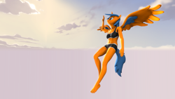 Size: 1280x720 | Tagged: safe, artist:aidenrin, imported from derpibooru, oc, oc:shallow speed, alicorn, anthro, 3d, alicorn oc, clothes, flying, gym shorts, horn, sky, solo, sports bra, spread wings, wings, workout outfit