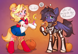 Size: 3716x2592 | Tagged: safe, artist:pledus, imported from derpibooru, oc, oc only, oc:fenris ebonyglow, oc:kara waypoint, earth pony, pegasus, pony, belly, belly button, clothes, costume, halloween, halloween costume, holiday, pumpkin, sailor moon, simple background, skeleton costume, slim, thin