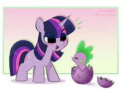 Size: 2118x1651 | Tagged: safe, artist:syrupyyy, imported from derpibooru, spike, twilight sparkle, dragon, pony, unicorn, the cutie mark chronicles, baby, baby dragon, baby spike, blushing, cute, daaaaaaaaaaaw, dragon egg, duo, egg, emanata, eye clipping through hair, female, filly, filly twilight sparkle, g4, gradient background, hatching, mama twilight, ponytober, spikabetes, spike's egg, squint, twiabetes, unicorn twilight, weapons-grade cute, younger