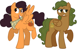 Size: 2264x1429 | Tagged: safe, artist:queertrixie, derpibooru exclusive, imported from derpibooru, oc, oc only, oc:clover basket, oc:pumpkin patch, pegasus, duo, female, hair tie, kerchief, lidded eyes, mare, neckerchief, pegasus oc, raised hoof, simple background, spread wings, white background, wings