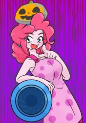 Size: 440x626 | Tagged: safe, alternate version, artist:batipin, imported from derpibooru, pinkie pie, human, equestria girls, boulder (g4), breasts, female, open mouth, party cannon, rock, solo