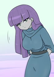 Size: 700x1000 | Tagged: safe, artist:batipin, imported from derpibooru, maud pie, human, equestria girls, arm behind back, breasts, busty maud pie, female, gradient background, looking at you, solo