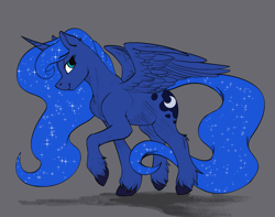 Size: 2223x1750 | Tagged: safe, artist:crimsonwolf360, imported from derpibooru, princess luna, alicorn, pony, blue body, colored hooves, female, g4, high res, mare, raised hoof, simple background, smiling, solo, unshorn fetlocks