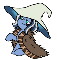 Size: 936x984 | Tagged: safe, artist:paperbagpony, imported from derpibooru, oc, oc only, oc:frozen fractal, pony, cloak, clothes, cosplay, costume, elden ring, hat, lidded eyes, ranni the witch, simple background, smiling, solo, white background, witch hat