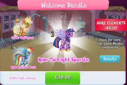 Size: 1286x860 | Tagged: safe, imported from derpibooru, applejack, rainbow dash, twilight sparkle, alicorn, earth pony, pegasus, pony, robot, robot pony, antennae, applebot, barn, bundle, camera, collection, costs real money, crack is cheaper, english, female, gameloft, group, hologram, horn, horns, mare, numbers, official, rainbot dash, roboticization, spread wings, text, twibot, twilight sparkle (alicorn), wings