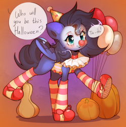 Size: 2316x2327 | Tagged: safe, artist:pledus, imported from derpibooru, oc, oc only, oc:kennel nightshade, pegasus, pony, clothes, clown, costume, female, gradient background, halloween, halloween costume, holiday, mare, pumpkin, socks, striped socks