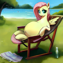 Size: 1024x1024 | Tagged: safe, imported from derpibooru, fluttershy, pegasus, pony, ai content, ai generated, belly, big belly, chair, outdoors, preggoshy, pregnant, sitting, solo, water