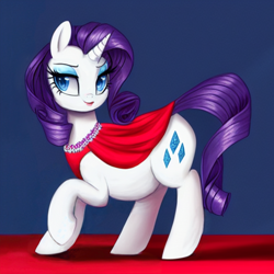 Size: 1024x1024 | Tagged: safe, imported from derpibooru, rarity, pony, unicorn, ai content, ai generated, clothes, dress, eyeshadow, jewelry, lipstick, makeup, necklace, preggity, pregnant, red dress, solo