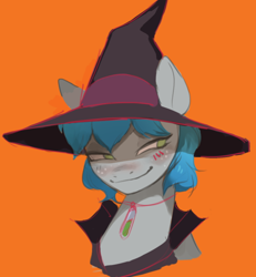 Size: 728x788 | Tagged: source needed, useless source url, safe, artist:cadillac-dynamite, imported from derpibooru, oc, oc only, oc:virtuous hope, pegasus, pony, bust, clothes, costume, halloween, halloween costume, hat, holiday, orange background, portrait, simple background, solo, witch hat