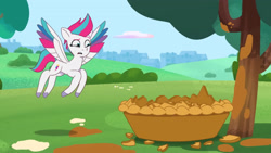 Size: 3072x1727 | Tagged: safe, imported from derpibooru, screencap, zipp storm, pegasus, pony, spoiler:g5, spoiler:my little pony: tell your tale, spoiler:tyts01e33, female, filly filling, flying, food, g5, high res, mare, my little pony: tell your tale, open mouth, pie, solo, spread wings, tree, upscaled, wings, youtube link