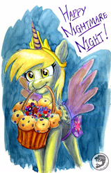 Size: 3188x4994 | Tagged: safe, artist:invalid-david, imported from derpibooru, derpy hooves, pegasus, pony, alicorn costume, clothes, costume, fake cutie mark, fake horn, fake wings, food, g4, halloween, halloween costume, holiday, mlp fim's twelfth anniversary, muffin, nightmare night, nightmare night costume, solo, text, traditional art, trick or treat, watercolor painting