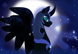 Size: 3200x2220 | Tagged: safe, artist:ectttan, imported from derpibooru, nightmare moon, alicorn, alone, blue eyes, evil, moon, night, nightmare night, stars