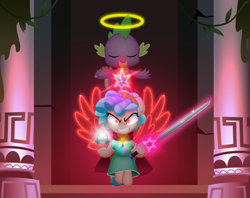 Size: 800x633 | Tagged: safe, artist:jhayarr23, imported from derpibooru, cozy glow, spike, dragon, pegasus, bell, clothes, dress, grogar's bell