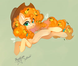 Size: 2700x2300 | Tagged: safe, artist:jsunlight, artist:sofiko-ko, imported from derpibooru, pear butter, earth pony, pony, collaboration, cowboy hat, female, flower, flower in hair, green background, hat, high res, looking at you, mare, simple background, smiling, smiling at you, solo