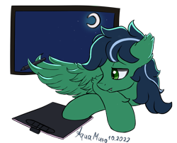 Size: 2485x2008 | Tagged: safe, artist:aquamuro, imported from derpibooru, oc, oc only, hybrid, pony, annoyed, crescent moon, ear fluff, fangs, fluffy, half bat pony, male, moon, night, pegabat, procrastination, signature, simple background, sketch, stallion, stars, tablet, tablet pen, transparent background, window, wing hold, wings