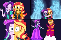 Size: 2266x1488 | Tagged: safe, artist:artsymlp12, imported from derpibooru, rarity, starlight glimmer, sunset shimmer, twilight sparkle, ghost, human, undead, equestria girls, beanie, clothes, crown, dress, duo, eyes closed, halloween, halloween 2022, hat, holiday, hug, jewelry, long dress, long skirt, open mouth, possessed, regalia, scared, skirt, smiling, twilight sparkle (alicorn)