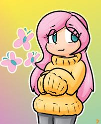 Size: 748x923 | Tagged: safe, artist:zutcha, imported from derpibooru, fluttershy, human, blushing, clothes, cute, cutie mark background, eye clipping through hair, female, gradient background, humanized, outline, shyabetes, solo, sweater, sweatershy, white outline