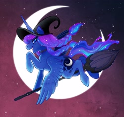 Size: 3600x3392 | Tagged: safe, artist:opalacorn, imported from derpibooru, princess luna, alicorn, pony, alternate hairstyle, braid, broom, choker, crescent moon, female, flying, flying broomstick, halloween, hat, holiday, mare, moon, night, solo, witch hat