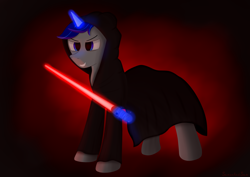 Size: 3508x2480 | Tagged: safe, artist:samenandsam, imported from derpibooru, oc, oc only, oc:sound shiver, pony, unicorn, clothes, dark jedi, evil grin, eyebrows, glowing, glowing horn, grin, high res, horn, knights of ren, lightsaber, magic, magic aura, male, simple background, sith, smiling, solo, stallion, star wars, telekinesis, unicorn oc, weapon