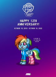 Size: 720x984 | Tagged: safe, imported from derpibooru, rainbow dash, pegasus, pony, pony town, clothes, female, g4, gradient background, mare, mlp fim's twelfth anniversary, my little pony logo, socks, solo, striped socks, text