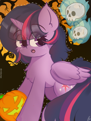 Size: 975x1300 | Tagged: safe, artist:grithcourage, imported from derpibooru, twilight sparkle, alicorn, confused, cute, female, holding, mlp fim's twelfth anniversary, pumpkin, shaking, signature, skull, solo, twilight sparkle (alicorn)