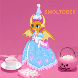 Size: 1396x1384 | Tagged: safe, artist:darlycatmake, imported from derpibooru, smolder, beautiful, candy, clothes, costume, cup, cute, dragon wings, dress, flower, food, froufrou glittery lacy outfit, gloves, halloween, halloween costume, happy, holiday, jewelry, long gloves, looking at you, necklace, pink background, princess, princess smolder, relaxed, relaxed face, simple background, smiling, smiling at you, smolderbetes, spread wings, tea, teacup, wings