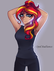 Size: 2150x2840 | Tagged: safe, artist:opal_radiance, imported from derpibooru, sunset shimmer, human, equestria girls, arm behind head, armpits, clothes, female, humanized, ponytail, raised arms, singlet, sleeveless, solo, tanktop