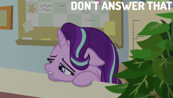 Size: 1280x720 | Tagged: safe, edit, edited screencap, editor:quoterific, imported from derpibooru, screencap, phyllis, starlight glimmer, pony, unicorn, a horse shoe-in, floppy ears, philodendron, plant, sad, starlight's office