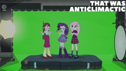 Size: 1920x1080 | Tagged: safe, edit, edited screencap, editor:quoterific, imported from derpibooru, screencap, fleur-de-lis, rarity, velvet sky, human, equestria girls, blooper, clothes, crystal prep academy uniform, eyes closed, female, friendship games bloopers, green screen, plaid skirt, pleated skirt, school uniform, shrug, skirt, trio, trio female