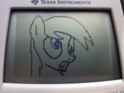 Size: 640x480 | Tagged: safe, artist:dooglehead, imported from derpibooru, derpy hooves, feeling pinkie keen, calculator, female, graphing calculator, head only, irl, mare, no eyelashes, photo, pixel art, reddit, solo, texas instruments