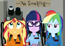 Size: 1058x756 | Tagged: safe, artist:robukun, imported from derpibooru, rainbow dash, sci-twi, sunset shimmer, twilight sparkle, human, equestria girls, female, ghostbusters, proton pack, trio, trio female