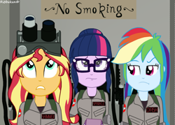 Size: 1058x756 | Tagged: safe, alternate version, artist:robukun, imported from derpibooru, rainbow dash, sci-twi, sunset shimmer, twilight sparkle, human, equestria girls, female, ghostbusters, proton pack, trio, trio female