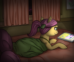 Size: 1211x1016 | Tagged: safe, artist:celsian, imported from derpibooru, lemon hearts, twilight sparkle, twinkleshine, earth pony, pony, unicorn, friendship is magic, bedroom, blanket, bow, female, g4, g5, hair bow, jewelry, lying down, mare, mlp fim's twelfth anniversary, nightmare night, pillow, posey bloom, prone, tablet, unicorn twilight, when you see it