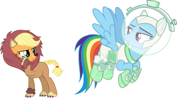 Size: 5381x3000 | Tagged: safe, artist:cloudy glow, imported from derpibooru, applejack, rainbow dash, scare master, .ai available, animal costume, applelion, astrodash, clothes, costume, simple background, transparent background, vector