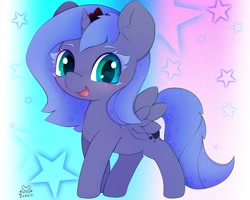 Size: 2500x2000 | Tagged: safe, artist:zokkili, imported from derpibooru, princess luna, alicorn, pony, cute, female, filly, foal, gradient background, looking at you, lunabetes, open mouth, smiling, smiling at you, solo, spread wings, starry background, wings, woona, younger