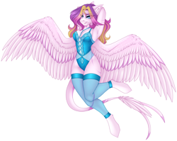 Size: 2898x2308 | Tagged: safe, artist:ouijaa, imported from derpibooru, oc, oc only, oc:darling, anthro, pegasus, unguligrade anthro, arm behind head, blue eyes, blue underwear, clothes, feathered tail, fishnets, lace, leg warmers, leonine tail, lingerie, long hair, pink body, simple background, socks, solo, spread wings, tail, thigh highs, transparent background, underwear, velvet, wings