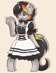 Size: 2388x3120 | Tagged: safe, artist:czu, artist:sugar morning, imported from derpibooru, oc, oc only, oc:moonshine, pony, unicorn, bipedal, clothes, completed sketch, cute, dress, ear fluff, ear piercing, female, freckles, frog (hoof), horn, looking at you, maid, mare, one eye closed, piercing, pony oc, solo, standing, underhoof, unicorn oc, wave, waving at you, wink, winking at you