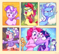 Size: 1178x1080 | Tagged: safe, artist:千雲九枭, imported from derpibooru, apple bloom, applejack, cozy glow, diamond tiara, pinkie pie, rarity, spike, trixie, twilight sparkle, alicorn, dragon, earth pony, pegasus, pony, unicorn, crusaders of the lost mark, frenemies (episode), growing up is hard to do, student counsel, twilight's kingdom, angry, arin hanson face, chest fluff, cozy glow is best facemaker, face pull, faic, female, filly, foal, male, mare, older, older apple bloom, puffy cheeks, redraw, scene interpretation, stretchy, twilight sparkle (alicorn), vine