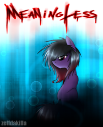 Size: 1865x2300 | Tagged: safe, artist:zeffdakilla, imported from derpibooru, oc, oc only, oc:frankie fang, pony, abstract background, black mane, blood, blood text, emo, looking away, looking left, looking sideways, purple fur, scene, sitting, solo, turned away