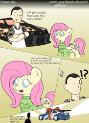 Size: 2550x3509 | Tagged: safe, artist:sparkfler85, derpibooru exclusive, imported from derpibooru, part of a set, fluttershy, human, pegasus, pony, bmw, bmw m3, bow, car, clothes, comic, crossover, dialogue, exclamation point, female, ford, ford mustang, gift wrapped, interrobang, mare, need for speed, need for speed most wanted, present, question mark, razor callahan, shirt, sweater, t-shirt, talking, tattoo, text, vehicle