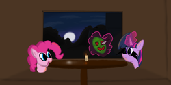 Size: 4320x2160 | Tagged: safe, imported from derpibooru, pinkie pie, twilight sparkle, pony, unicorn, candle, dark, magic, mlp fim's twelfth anniversary, moon, night, table, window