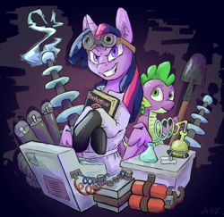 Size: 1500x1458 | Tagged: source needed, useless source url, safe, artist:danton-y17, imported from derpibooru, spike, twilight sparkle, alicorn, dragon, pony, book, clothes, duo, electricity, gloves, lab coat, laboratory, shovel, twilight sparkle (alicorn)