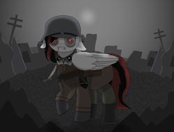 Size: 5000x3800 | Tagged: safe, artist:suidian, imported from derpibooru, oc, pegasus, blood, boots, clothes, dark, destroyed, glasses, gun, helmet, nosebleed, ruins, shoes, solo, stahlhelm, striped mane, uniform, weapon