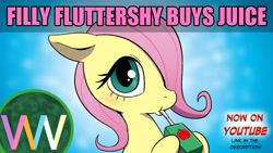 Size: 1920x1080 | Tagged: safe, artist:doublewbrothers, imported from derpibooru, fluttershy, pegasus, pony, cute, female, filly, filly fluttershy, flutterjuice, hair over one eye, juice, juice box, shyabetes, younger
