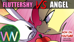 Size: 1920x1080 | Tagged: safe, artist:doublewbrothers, imported from derpibooru, angel bunny, fluttershy, pony, rabbit, angry, animal, apple, food, gritted teeth, looking at each other, looking at someone, nose to nose, teeth, youtube thumbnail