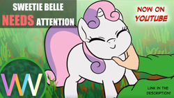 Size: 1280x720 | Tagged: safe, artist:doublewbrothers, imported from derpibooru, sweetie belle, human, lamb, pony, sheep, unicorn, cute, diasweetes, eyes closed, human on pony petting, petting, smiling, youtube thumbnail