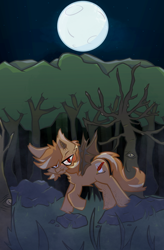 Size: 640x978 | Tagged: safe, artist:foxtrnal, imported from derpibooru, oc, oc only, oc:amber wings, oc:max, bat pony, bat ponified, fluffy, forest background, freckles, grass, male, moon, night, race swap, red eyes, reddit, rock, solo, stallion, stars