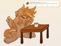 Size: 640x486 | Tagged: safe, artist:foxtrnal, imported from derpibooru, oc, oc only, oc:amber wings, oc:max, pegasus, comments, cream background, ear fluff, freckles, hooves on cheeks, male, mug, pegasus oc, reddit, simple background, sitting, solo, stallion, table