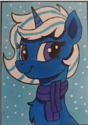 Size: 1993x2822 | Tagged: safe, artist:aking, imported from derpibooru, oc, oc only, oc:snowy smarty, pony, unicorn, bust, clothes, looking at you, marker drawing, portrait, scarf, snow, solo, traditional art