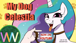 Size: 1280x720 | Tagged: safe, artist:doublewbrothers, imported from derpibooru, princess celestia, alicorn, human, pony, 2021, behaving like a dog, collar, hand, leash, old art, open mouth, pony pet, sunmutt, tongue out, youtube thumbnail